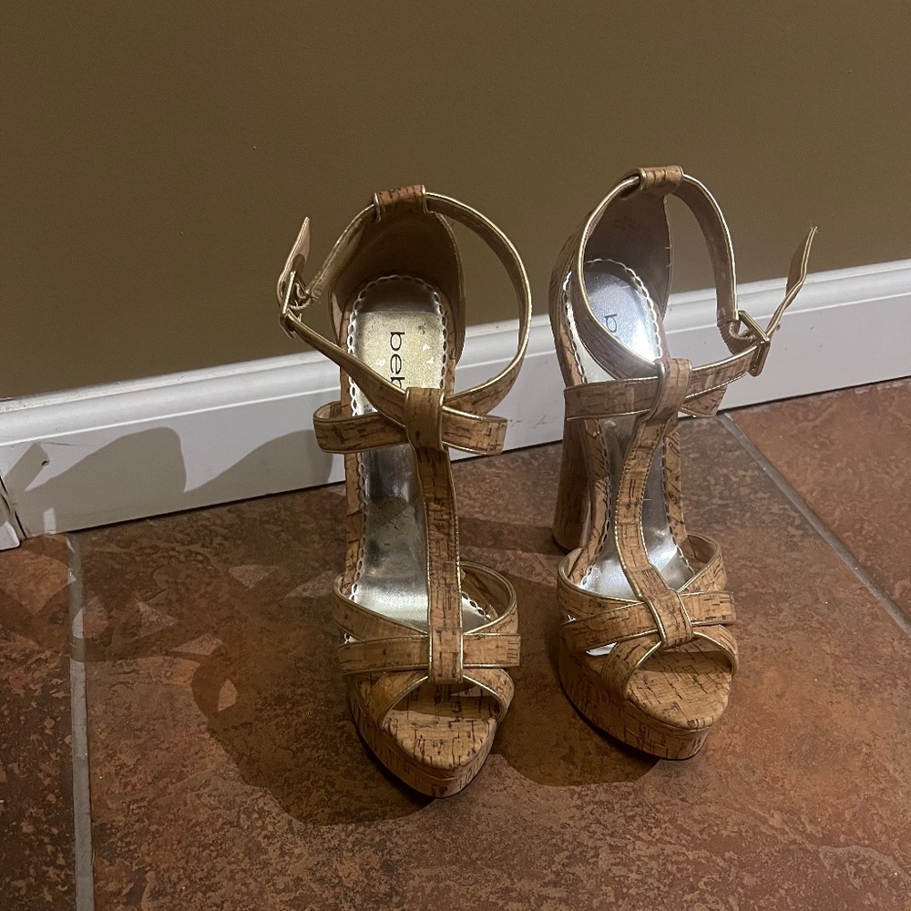 Size 10 Cork/Tan Bebe High Heel Sandals